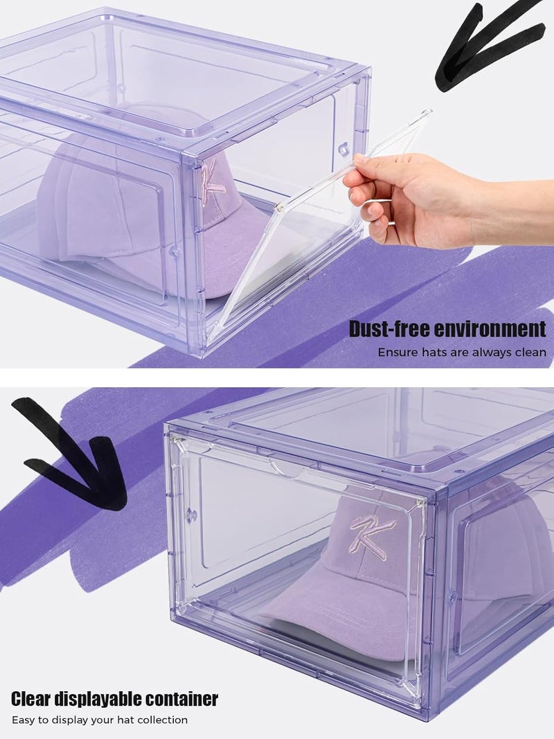 SCAVATA 6 Pack Hat Organizer Box, Stackable Clear Baseball Caps Holder Box Containers with Magnetic Door for Hats Snapback Cap Storag, Hat Rack Display Case, Holds 8 Hats Each (Purple) - Image 5